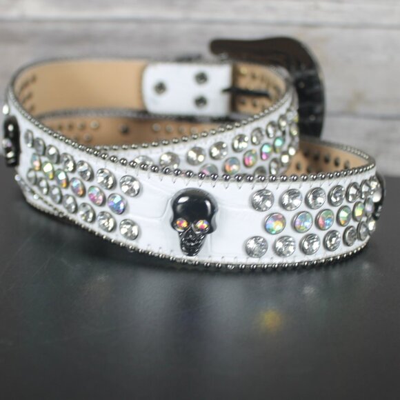 White Faux Leather Woman Belt Skull Rhinestone Western Motorcycle Bling Carnival main image 12